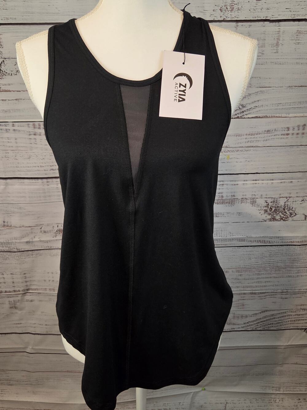 ZYIA Active Black Effortless Racerback Workout Tank Top Sheer V-Panel Size L